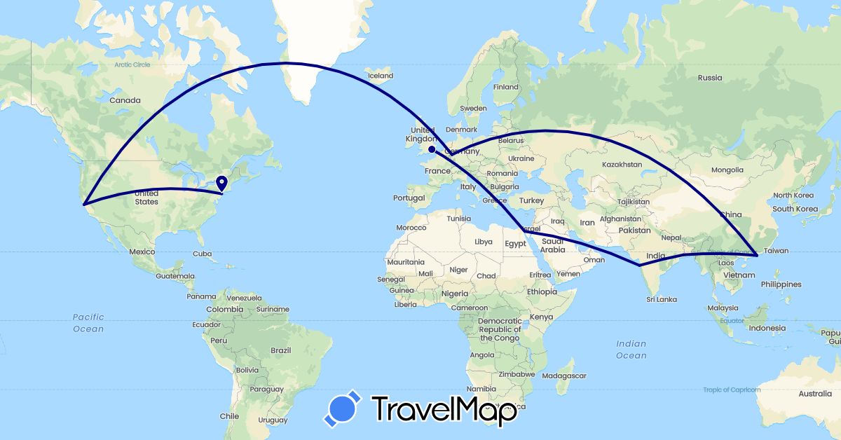 TravelMap itinerary: driving in China, Germany, Egypt, United Kingdom, India, United States (Africa, Asia, Europe, North America)